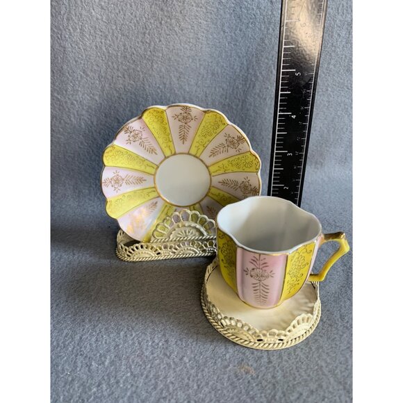Pink and Yellow with Gold Accents Tea Cut and Saucer set Japan - Picture 3 of 11